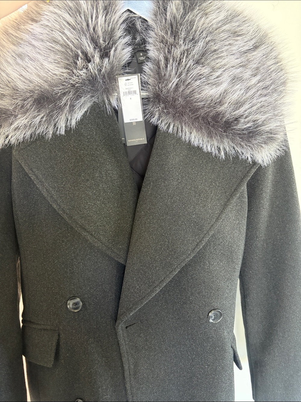 Banana Republic Men's Charcoal Double-Breasted Pea Coat with Faux Fur Collar